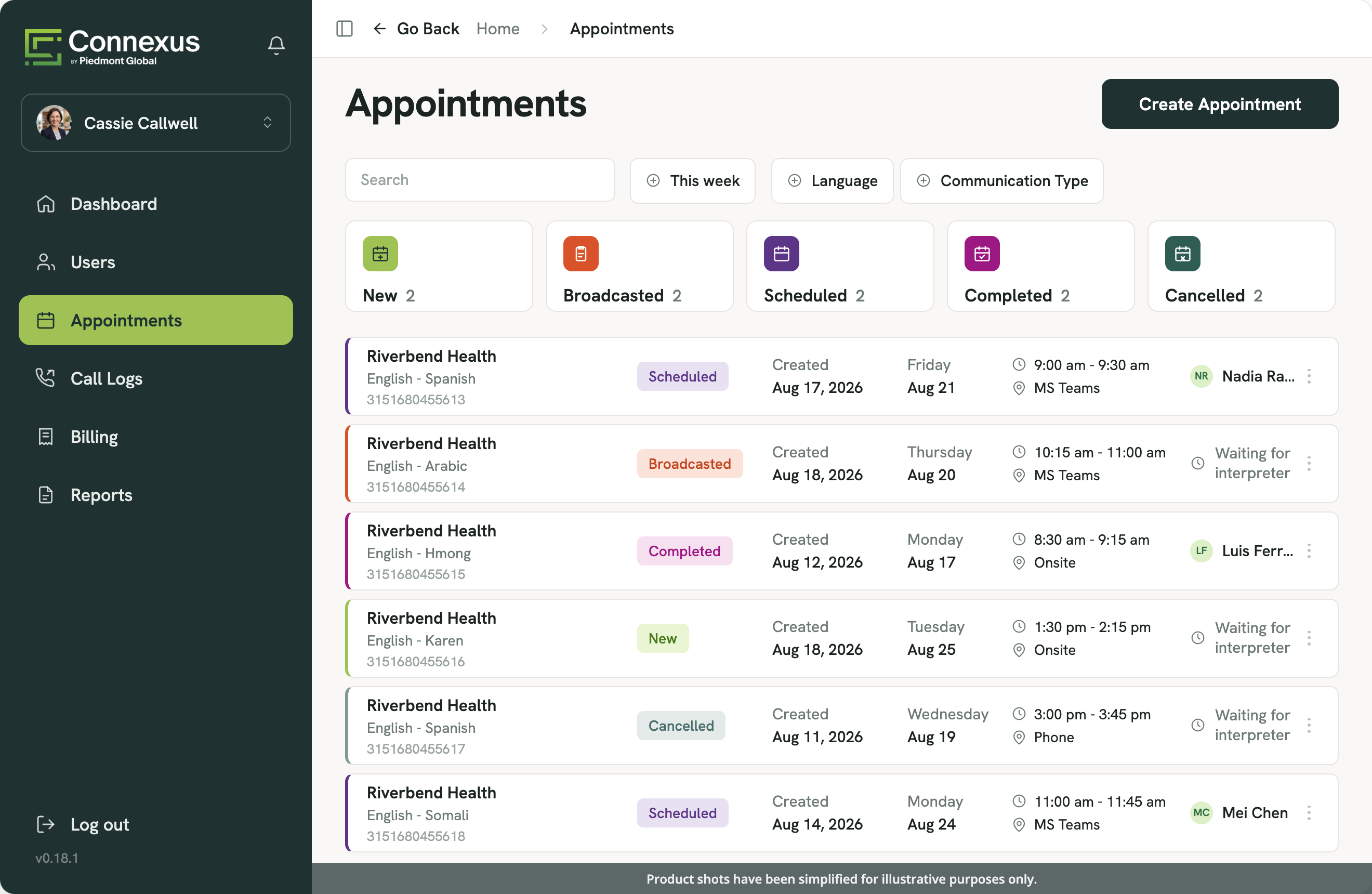 Connexus appointments list with interpreter scheduling and status