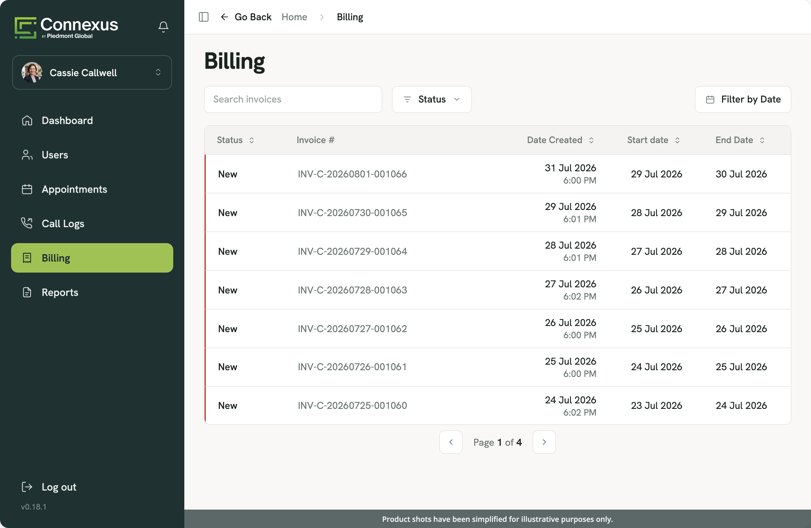 Connexus billing interface listing per-call reconciled invoices