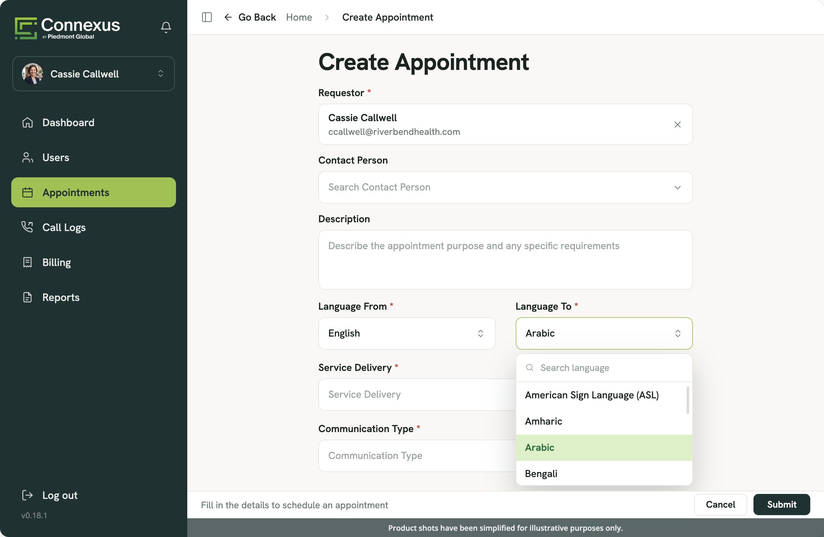 Connexus create-appointment form with language selection
